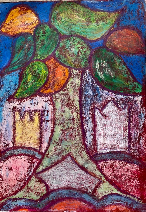 Gemälde zeigt Kunstwerk in bunt mit Baum und zwei Türmen