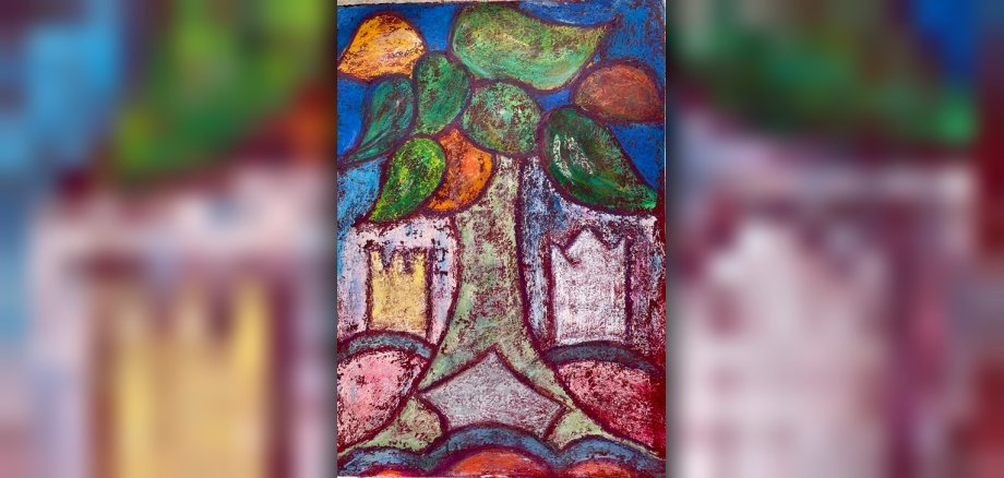 Gemälde zeigt Kunstwerk in bunt mit Baum und zwei Türmen