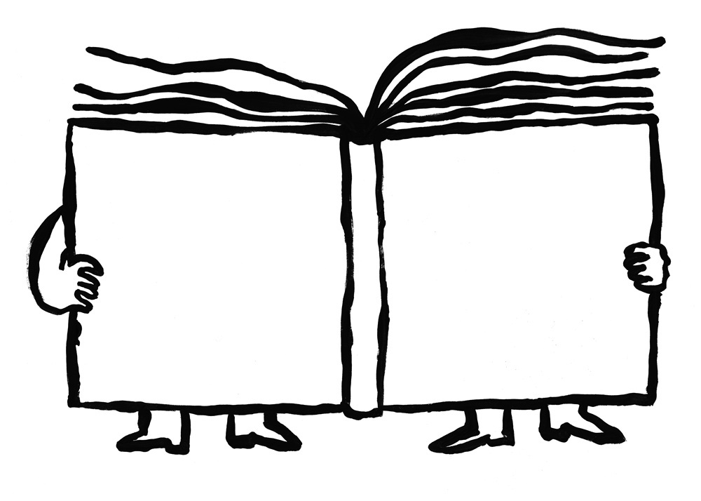 Grafik eines gemalten Buches: Zu sehen ist der Buchrücken und eine Hand an jeder Seite sowie zwei Paar Füße unterhalb
