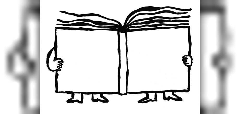 Grafik eines gemalten Buches: Zu sehen ist der Buchrücken und eine Hand an jeder Seite sowie zwei Paar Füße unterhalb