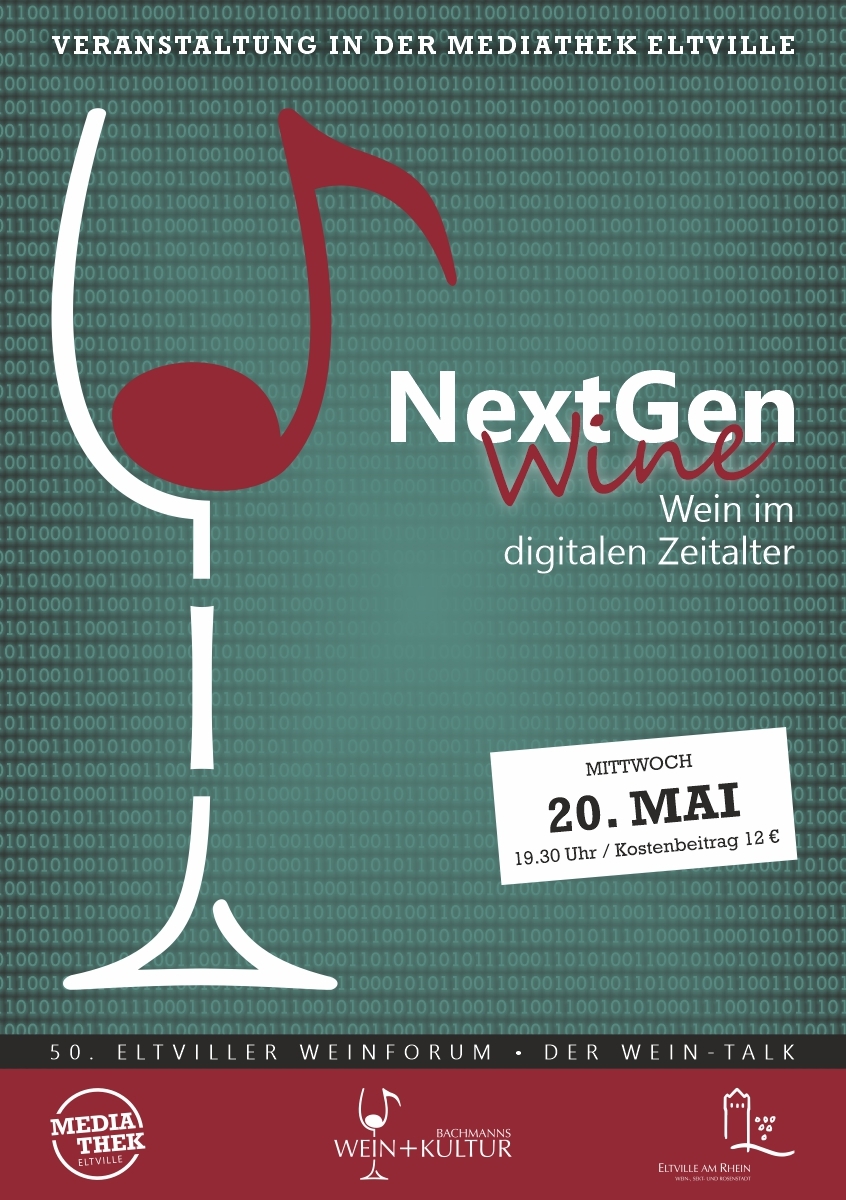 Plakat Weinforum: Weinglas gezeichnet auf grünem Hintergrund mit Infos zur Veranstaltung als Text