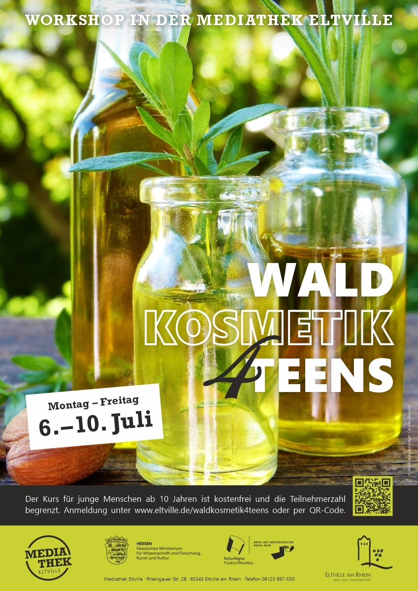 Plakat mit Glasflaschen mit Ölen und Kräutern
