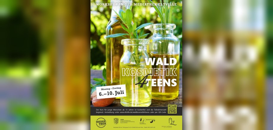 Plakat mit Glasflaschen mit Ölen und Kräutern