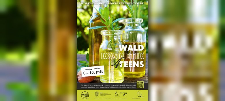 Plakat mit Glasflaschen mit Ölen und Kräutern