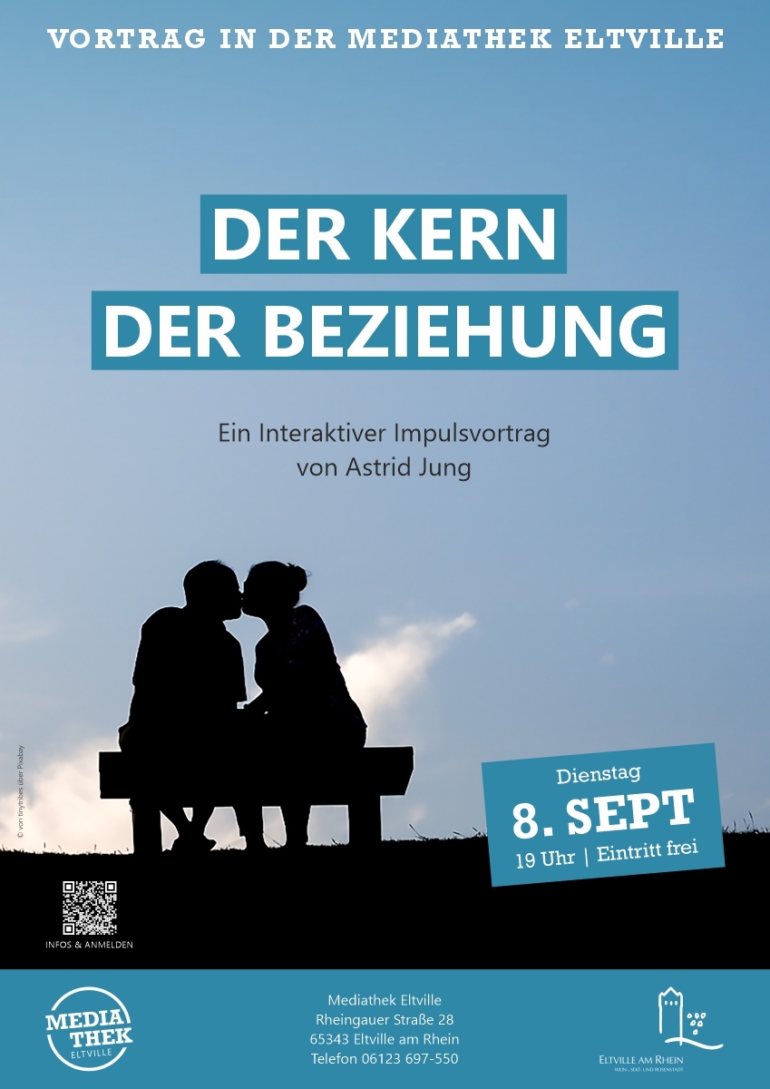 Plakat mit Symbolbild eines Paares als Silhouette, das auf einer Bank sitzt und sich küsst