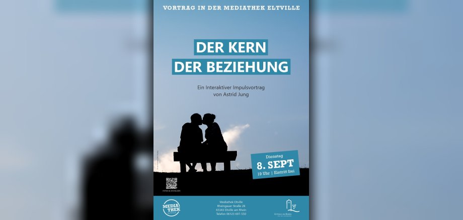 Plakat mit Symbolbild eines Paares als Silhouette, das auf einer Bank sitzt und sich küsst
