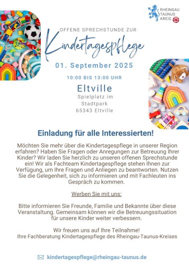 Plakat Kindertagespflege Sprechstunde in Eltville am 1.9.2025 von 10 bis 13 Uhr im Stadtpark in Eltville